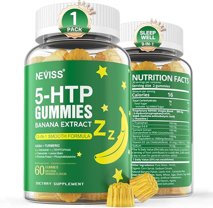 1Pack 5-HTP 400MG Gummies + GABA - Melatonin Free - Relaxation Gummies with Banana Extract, L-Theanine, Turmeric, L-Tryptophan, Vitamin D3 for Healthy Rest Cycle,Circadian Rhythm, Brain & Muscle Relax