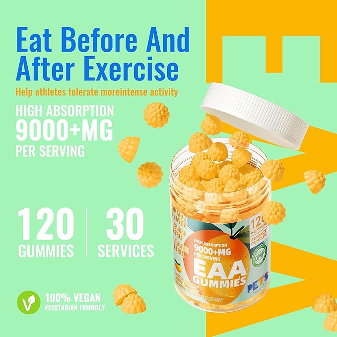 Pets Purest EAA Gummies 120 Gummies (Orange), Essential Amino Acids - All 9 Essential Aminos (EAA) and All Branched-Chain Aminos (BCAAs), Non-GMO, Gluten Free, Vegetarian Friendly
