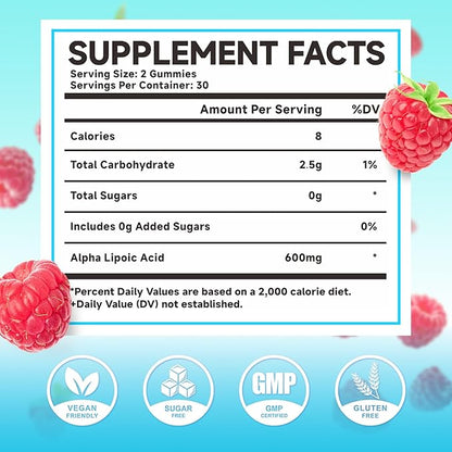 MEENCCD Alpha Lipoic Acid Gummies 600mg - ALA Supplement for Antioxidant Support, Vegan, Sugar-Free, Raspberry Flavor, 60 Count