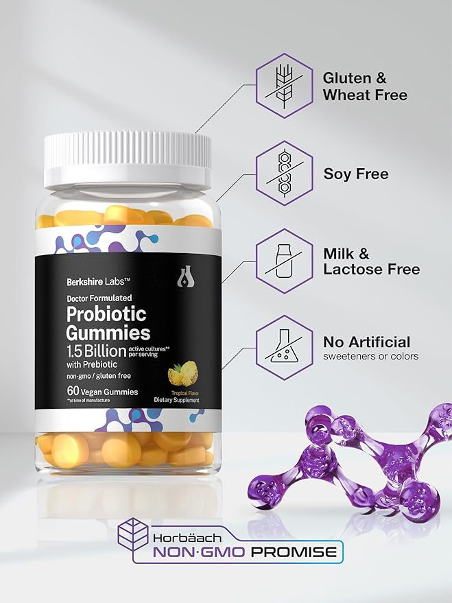 Horbäach Probiotic Gummies 1.5 Billion CFU | 60 Count | with Prebiotic for Women and Men | Tropical Flavor | Doctor Formulated | Vegan, Non-GMO & Gluten Free | Berkshire Labs