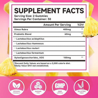 Her Juicy Feminine Probiotics Gummies with Slippery Elm & Lactobacillus Blend, Supports pH Balance & Immune Function, Promotes Vaginal Wellness, Pineapple Flavor, 60 Count