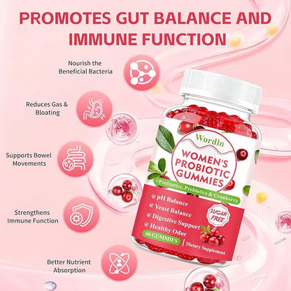 Women Probiotic Gummies for Feminine Health, Supports pH Balance, Vaginal Health, Odor Control & Yeast Balance, Digestive & Immune Support, Sugar Free Cranberry Flavor, 60 Count (Pack of 1)