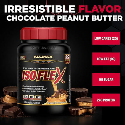 ALLMAX ISOFLEX Pure Whey Isolate Protein Powder - Gluten Free, Low Lactose, Sugar-Free - High-Protein, Clean, Keto-Friendly, Pre Post Workout Supplement, Women and Men | Chocolate Peanut Butter, 2lb