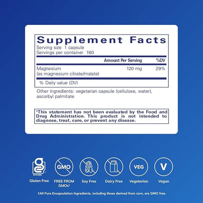 Pure Encapsulations Magnesium (Citrate/Malate) - Magnesium Supplement to Support Nutrient Utilization, Energy, Bones & Heart Health* - with Magnesium Citrate & Malate - 180 Capsules