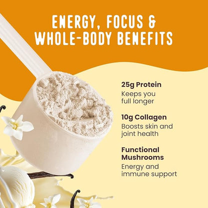 FlavCity Vanilla All in One Protein Shake Powder - On the Go Meal Alternative + Collagen Peptides, Reishi & Cordyceps - Focus, Skin, Hair & Joint Support - 100% Grass Fed Whey, 20 Servings