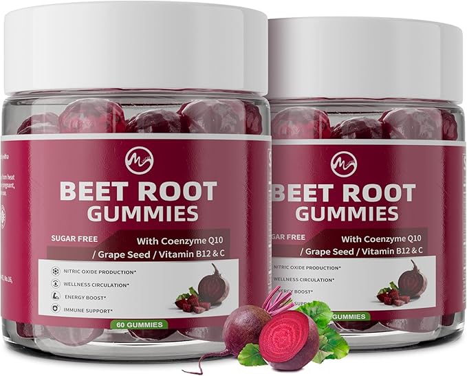 M inch Beet Root Gummies, Blood* Pressure Support & Nitric Oxide Booster, 8-in-1 Wellness Formula with Grape Seed, Coq10, Folic Acid, Vitamin C, B3 & B12, Sugar Free, Vegan, Pomegranate Flavor, 2 Pack
