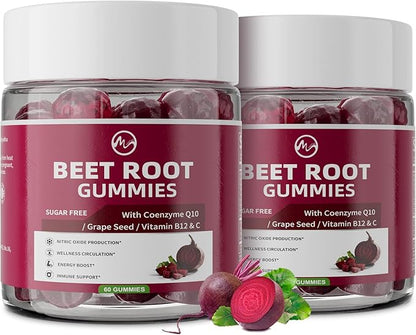M inch Beet Root Gummies, Blood* Pressure Support & Nitric Oxide Booster, 8-in-1 Wellness Formula with Grape Seed, Coq10, Folic Acid, Vitamin C, B3 & B12, Sugar Free, Vegan, Pomegranate Flavor, 2 Pack