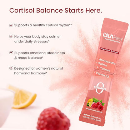 Calm Magnesium Powder, Cortisol Supplement for Women, Supports Sleep, Stress Relief & Relaxation with Ashwagandha, Saffron, L Theanine, Vitamin D3, No Sugar, 30Ct, Raspberry Lemonade