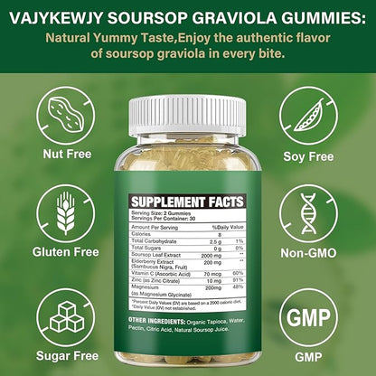 Soursop Graviola Gummies - 2000mg Extra Strength Soursop Leaves Extract, Vitamin C, Zinc & Whole Natural Food for Immunity, Vegan, 60 Gummies