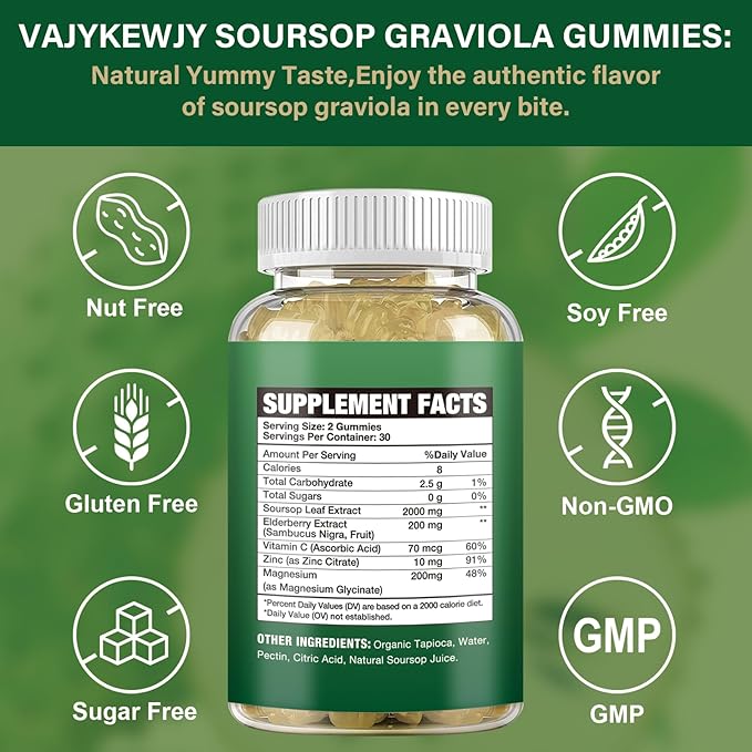 2 Pack Soursop Graviola Gummies - 2000mg Extra Strength Soursop Leaves Extract, Vitamin C, Zinc & Whole Natural Food for Immunity, Vegan, 120 Gummies