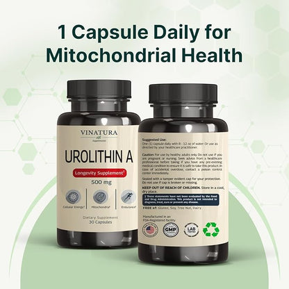 VINATURA Urolithin A Supplement 500mg - Urolithin A+ for Powerful Antioxidants, Anti Aging and Mitochondrial Support, 30 Capsules
