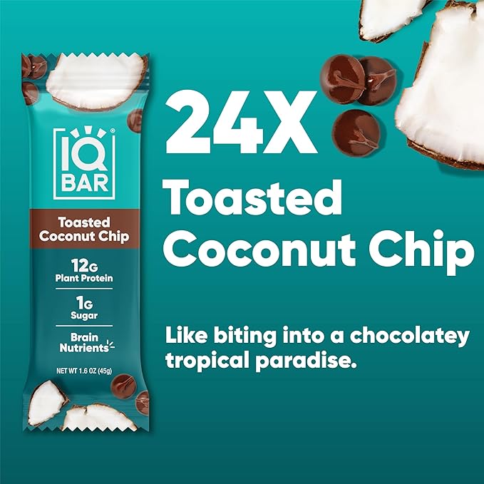 IQBAR Clean Plant Protein Bars - Toasted Coconut Chip - 24 Count - Keto, Vegan, High Fiber, Gluten and Dairy Free, Low Sugar Snack - Brain and Body Nutrients for Focus, Energy, Meal Replacement