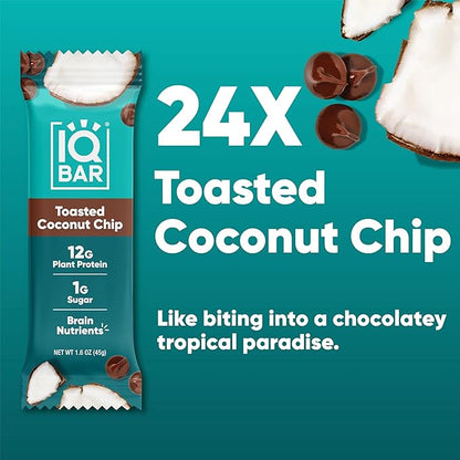 IQBAR Clean Plant Protein Bars - Toasted Coconut Chip - 24 Count - Keto, Vegan, High Fiber, Gluten and Dairy Free, Low Sugar Snack - Brain and Body Nutrients for Focus, Energy, Meal Replacement