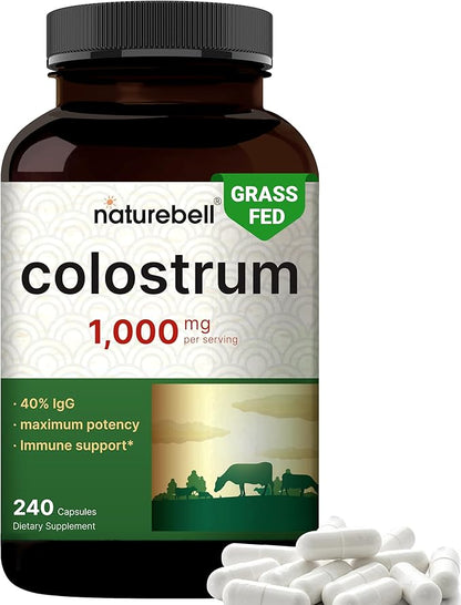 NatureBell Bovine Colostrum Supplement 1,000mg Per Serving, 240 Capsules | 40% IgG Colostrum Powder for Gut Health, Bloating, Skin, Hair & Immune Support – Non-GMO