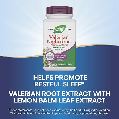 Nature's Way Valerian Nighttime Premium Blend, Herbal Sleep Support Supplements*, 320 mg of Valerian Extract per 2-tablet serving, Gluten-Free, 100 Tablets (Packaging May Vary)