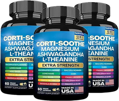 Zoyava Corti-Soothe Cortisol Supplement Magnesium Glycinate 200mg L-Theanine 150mg Ashwagandha 150mg Phosphatidylserine Cortisol Manager Lions Mane Ginkgo Biloba Bacopa Monnieri Valerian Root 60 Caps