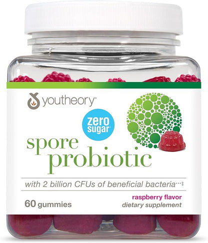 Youtheory Spore Probiotic Gummies - Supplement for Gut Health Support* - with Bacillus coagulans (is-2) - Supports Diarrhea Relief & Regular Bowel Movement* - Sugar Free - 60 Gummies (30-Day Supply)