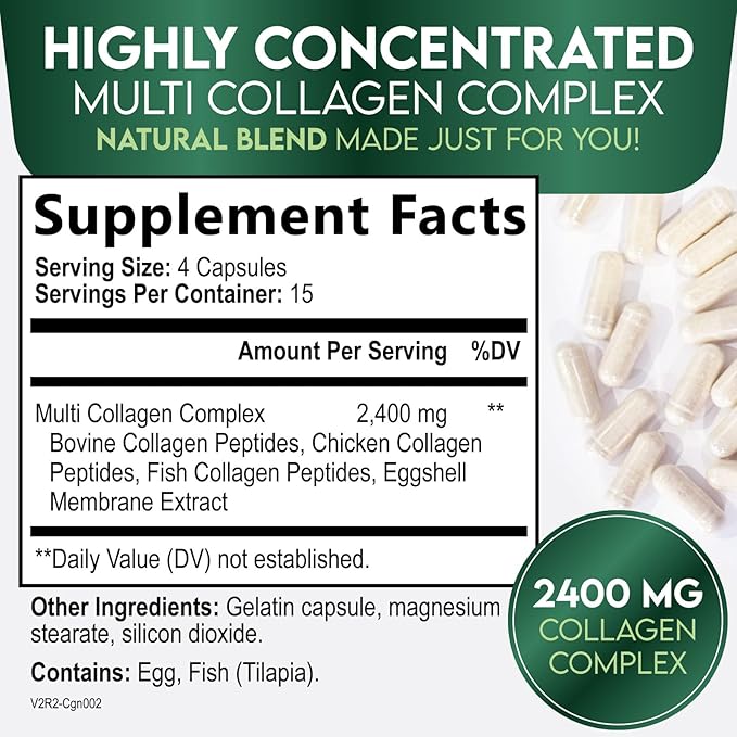 Multi Collagen 2400mg Per Serving - Advanced Formula Types I, II, III, V, X - Hydrolyzed Multi Collagen Pills - Collagen Peptides Supplement for Women & Men - Hair, Skin, & Nail Support - 60 Capsules