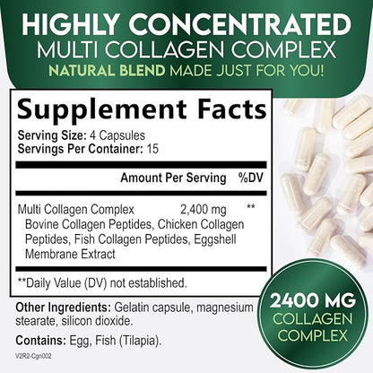 Multi Collagen 2400mg Per Serving - Advanced Formula Types I, II, III, V, X - Hydrolyzed Multi Collagen Pills - Collagen Peptides Supplement for Women & Men - Hair, Skin, & Nail Support - 60 Capsules