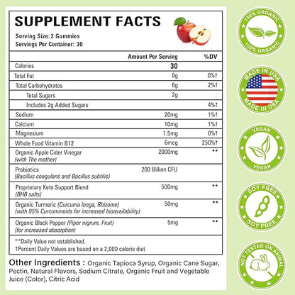 Apple Cider Vinegar Gummies, Keto ACV Gummies Max Strength 2000mg Apple Cider Vinegar with Mother, Probiotics & Vitamin B12, for Digestion, Metabolism, Cleanse & Detox Diet, 60 Count