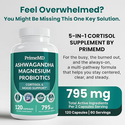 5-in-1 Cortisol Supplement for Women and Men with Ashwagandha for Calmness, Focus, and Adrenal Support Supplements with Shilajit Extract, Magnesium Glycinate, Probiotics (120 ct) (Pack of 2)
