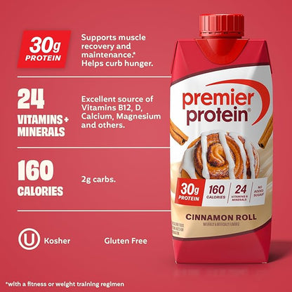 Premier Protein Shake, Cinnamon Roll, 30g Protein, No Added Sugar, 24 Vitamins & Minerals to Support Immune Health, 11 fl oz, 4 Pack