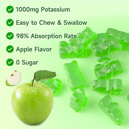 Potassium Gummies 1000mg for Adults & Kids, High Dose Potassium Gluconate Supplement Potassium Gluconate Gummies Support Muscle Cramps Electrolyte Balance, Apple Flavor 60 Count