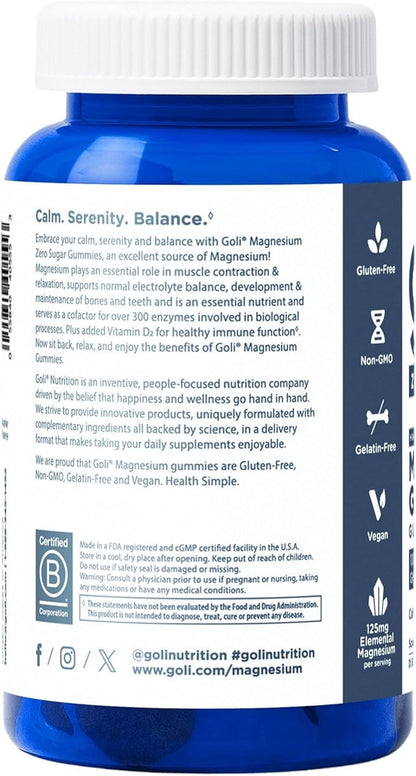 Goli Zero Sugar Magnesium Gummies - 125mg Magnesium Citrate with Vitamin D - No Artificial Sweeteners, No Sugar Alcohols - Vegan, Keto-Friendly, Gluten-Free