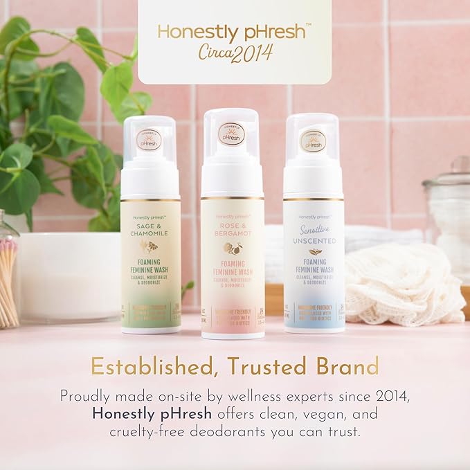 Honestly pHresh Foaming Feminine Wash for Women – pH Balanced Natural Intimate Cleanser with Prebiotics & Probiotics. Vegan, Sensitive Skin Safe. Made In USA - Sage & Chamomile Scent, 5 oz
