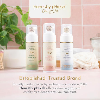 Honestly pHresh Foaming Feminine Wash for Women – pH Balanced Natural Intimate Cleanser with Prebiotics & Probiotics. Vegan, Sensitive Skin Safe. Made In USA - Rose & Bergamot Scent, 5 oz