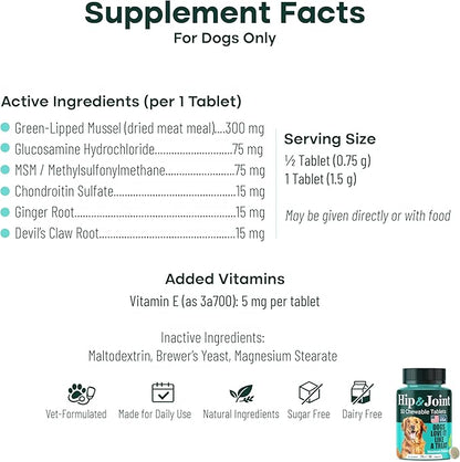 Natureflow Hip & Joint Supplement for Dogs, 300mg Green-Lipped Mussel for Dog Arthritis Pain Relief, Glucosamine, MSM & Chondroitin, Zero Sugar, Large Medium Small Breeds, 50 Chewable Tablets