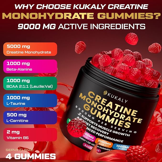 KUKALY Creatine Monohydrate Gummies for Men & Women, 9000MG Creatine Gummies Sugar Free with L-Taurine, BCAA 2:1, B12 B6 for Boost Strength, Focus & Endurance, Vegan, Non-GMO, Raspberry 120*2 Bottle