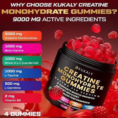 KUKALY Creatine Monohydrate Gummies for Men & Women, 9000MG Creatine Gummies Sugar Free with L-Taurine, BCAA 2:1, B12 B6 for Boost Strength, Focus & Endurance, Vegan, Non-GMO, Raspberry 120*2 Bottle