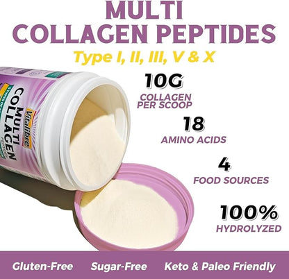 Multi Collagen Peptides Powder Type I II III V X, Hydrolyzed Collagen Protein for Women and Men, Skin, Hair, Nails, Unflavored, Non-GMO, Keto & GF, Zero Sugar, 22 Servings, 8oz