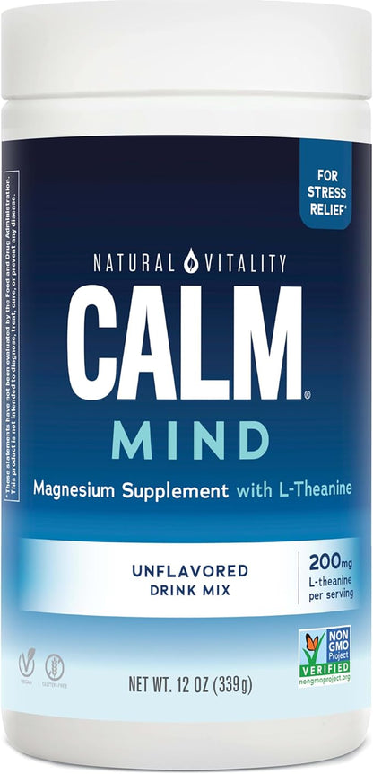 Natural Vitality Calm Mind, Magnesium Citrate + L-Theanine Powder, Supplement for Stress Relief, Gluten Free & Vegetarian, Unflavored, 12 oz.