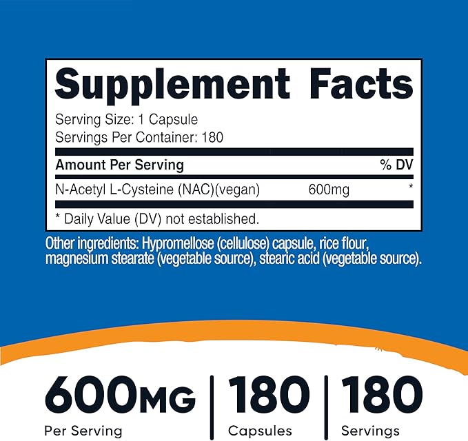 Nutricost N-Acetyl L-Cysteine (NAC) 600mg, 180 Capsules - Non-GMO, Gluten Free