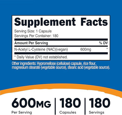 Nutricost N-Acetyl L-Cysteine (NAC) 600mg, 180 Capsules - Non-GMO, Gluten Free