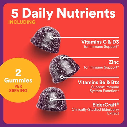 SmartyPants Kids Immunity Elderberry Gummies: Kids Immune Support Supplement, Vitamin C, Vitamin D, Vitamins B6 & B12 and Zinc, Gluten Free, Elderberry Flavor, 60 Count (30 Day Supply) (Pack of 2)