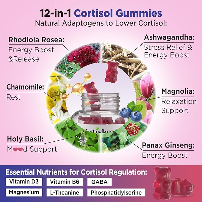 Cortisol Gummies, 12-in-1 Cortisol Reducer, with Magnesium Glycinate, Ashwagandha, L-Theanine, Phosphatidylserine, Vitamin B6 & D3, Rhodiola Rosea, for Men & Women, Sugar-Free, Vegan, NON-GMO, 60CT