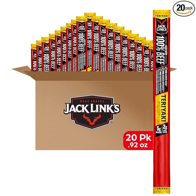 Jack Link's Beef Sticks, Teriyaki - Protein Snack, Meat Stick with 5g of Protein, Beef Jerky Snack Sticks Made with 100% Meat, Keto Friendly, Individually Wrapped - 0.92 Oz. (20 Count)