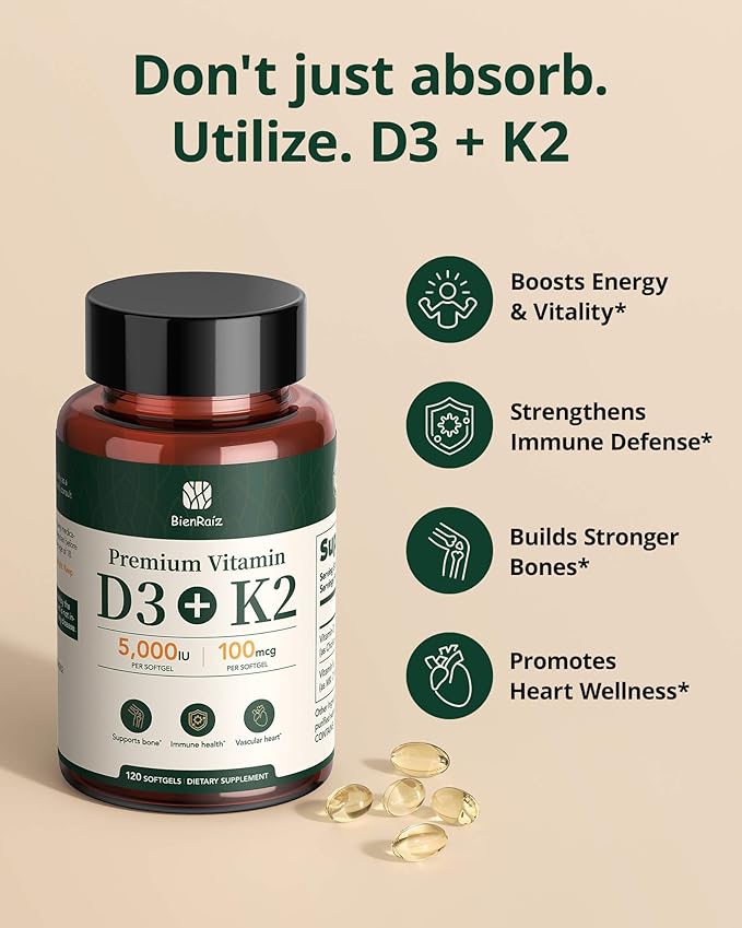 Vitamin D3 K2 5000IU 100mcg MK-7, 120 Softgels, 2-in-1 K2 D3 Vitamin Supplement for Bone Health, Immune Support, Better Calcium Absorption, Easy to Swallow, One Daily, 120 Day Supply