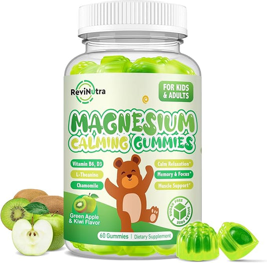 Magnesium Gummies for Kids - Magnesium Glycinate Gummies with L-Theanine, Vitamin B6, D3 for Kids & Adults Sleep, Calm, Relaxation, Brain, Bones, Muscle Relief, Sugar Free Green Apple & Kiwi 60ct