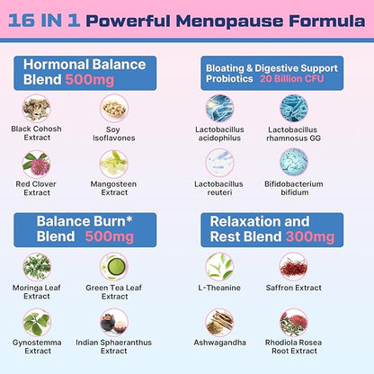 Menopause Supplements for Women Gummies, 16-in-1 Probiotic, Black Cohosh & Ashwagandha for Menopause Relief, Hot Flashes, Hormone Harmony, Mood Swings, Belly Burner* & Gut, Sugar-Free - 60 Gummies