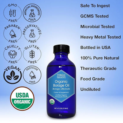 Zongle Therapeutics Organic, Borage Oil, Liquid, Supplement – 100% Pure, Borage Seed Oil, 4 OZ