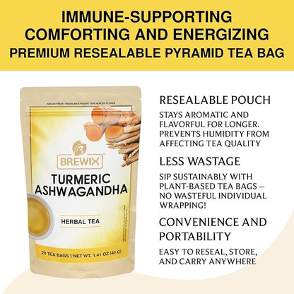 BREWIX, Turmeric Ashwagandha Herbal Tea Bags (20 Pyramid Tea Bags) Adaptogenic Herbs for Stress & Mood Support | Evening Calm & Sleep Support | Real Ingredients From India, Caffeine Free & Naturally Gluten Free | 100% Pure Herbal Blend Packed in Reseal...