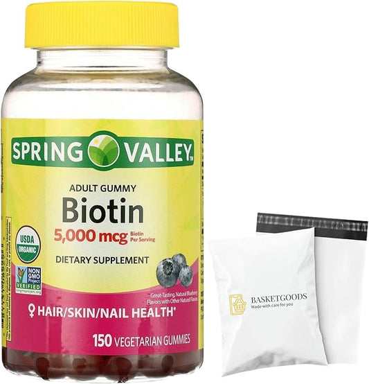 Spring Valley Biotin 5000mcg- Blueberry Flavor, Hair Skin and Nails 150 Gummies (Pack of 1), Set by Basket Goods