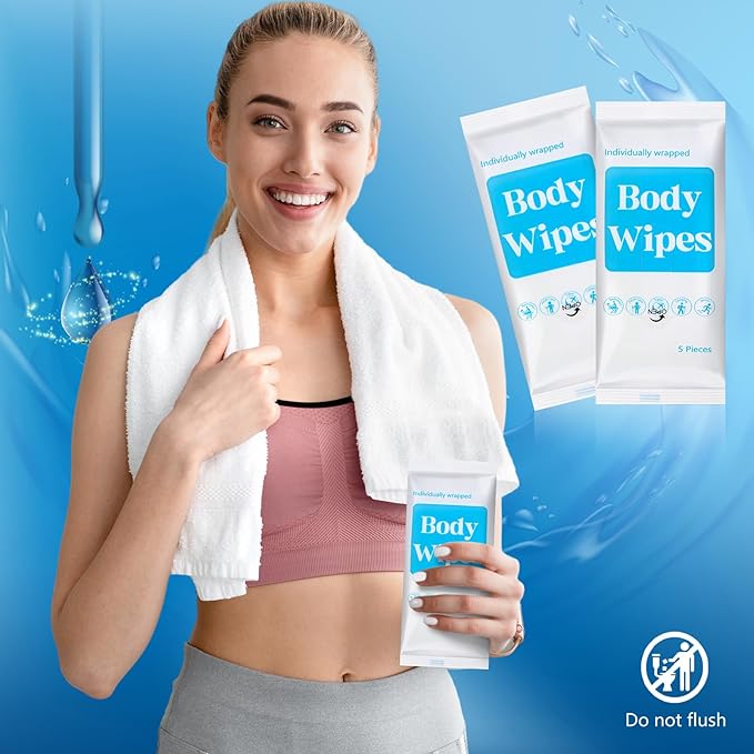300 Pcs 60 Pack Body Wipes for Adults Bathing No Rinse Individually Wrapped Shower Wipes Washcloth with Aloe Cleansing Body Wash Cloths Disposable Bulk Deodorant Homeless(White Background)