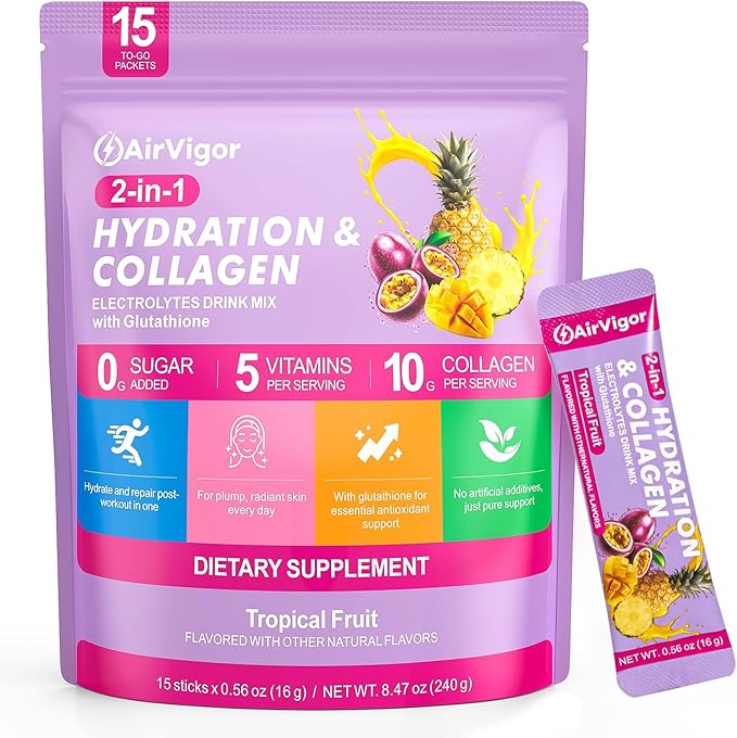 Electrolyte Collagen Powder Packets, 10g Collagen Protein Drink Mix for Hydration Recovery, Zero Sugar 2-in-1 Post Workout Rehydration, Joint Skin Muscle Support, 5 Vitamins, Tropical Fruit