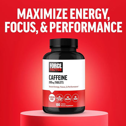 Force Factor Caffeine Pills 200mg, Boost Energy, Focus, Strength, and Performance, Premium Quality Tablets, Energy Support Supplement, 100 Tablets