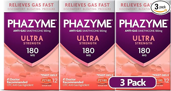 Phazyme Ultra Strength Gas and Bloating Relief, 180 Mg Simethicone, 12 Fast Gels, Pack of 3
